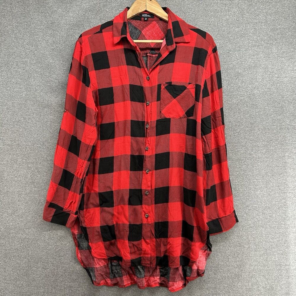 Fashion Model Buffalo Plaid Shirt Womens 1X Red Black Roll Tab Sleeve Tunic Top